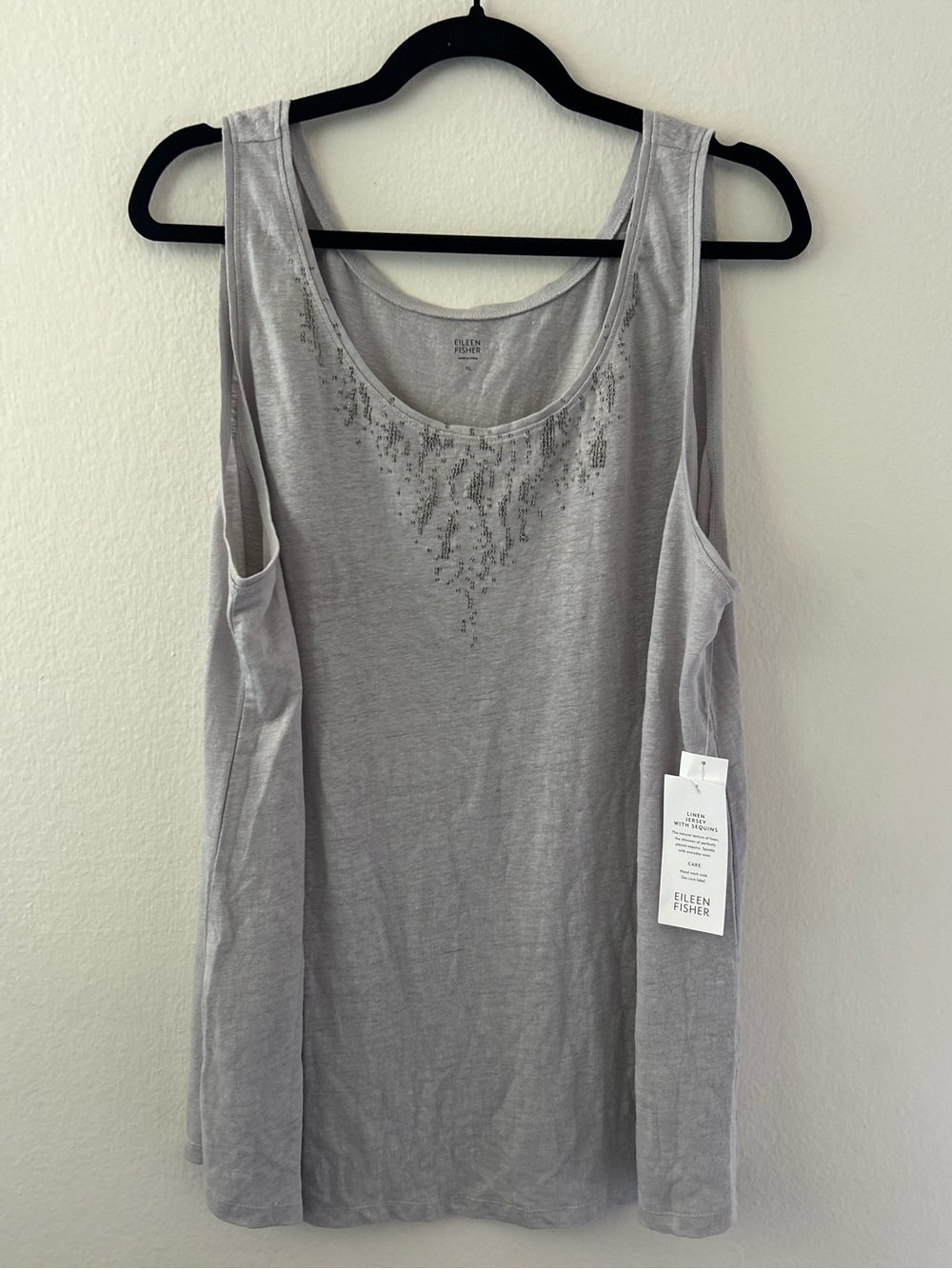 Eileen Fisher Silver Gray Beaded Scoop Neck Linen Tank Top Sleeveless Coastal XL